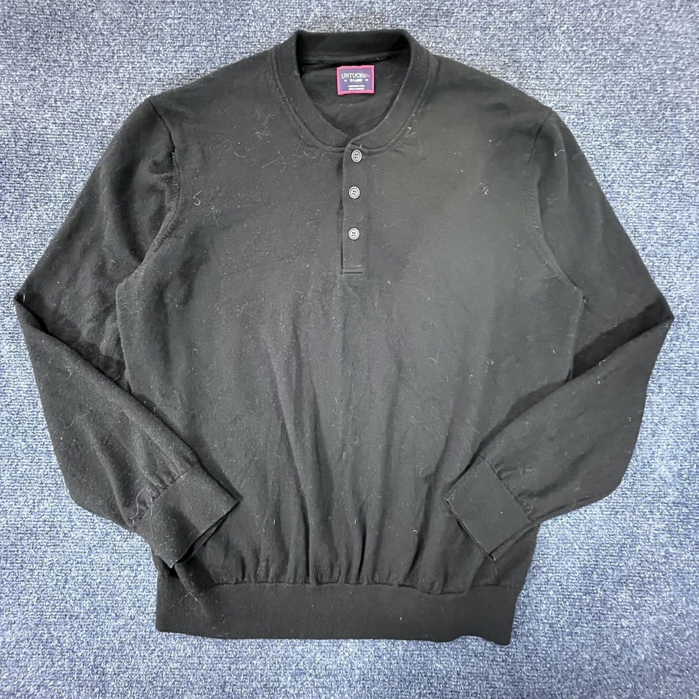 UNTUCKit‎ Sweater Mens XL Black Merino Wool Henley Pullover Knit Long Sleeve